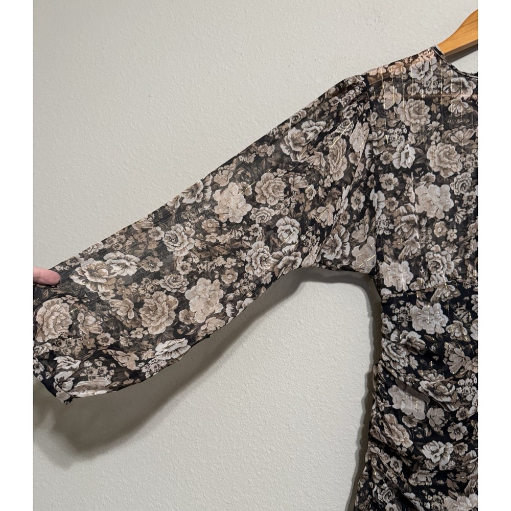 Zara Women's Dress Ruched Metallic & Floral Print Small Romantic Partial-Sheer - Picture 3 of 10